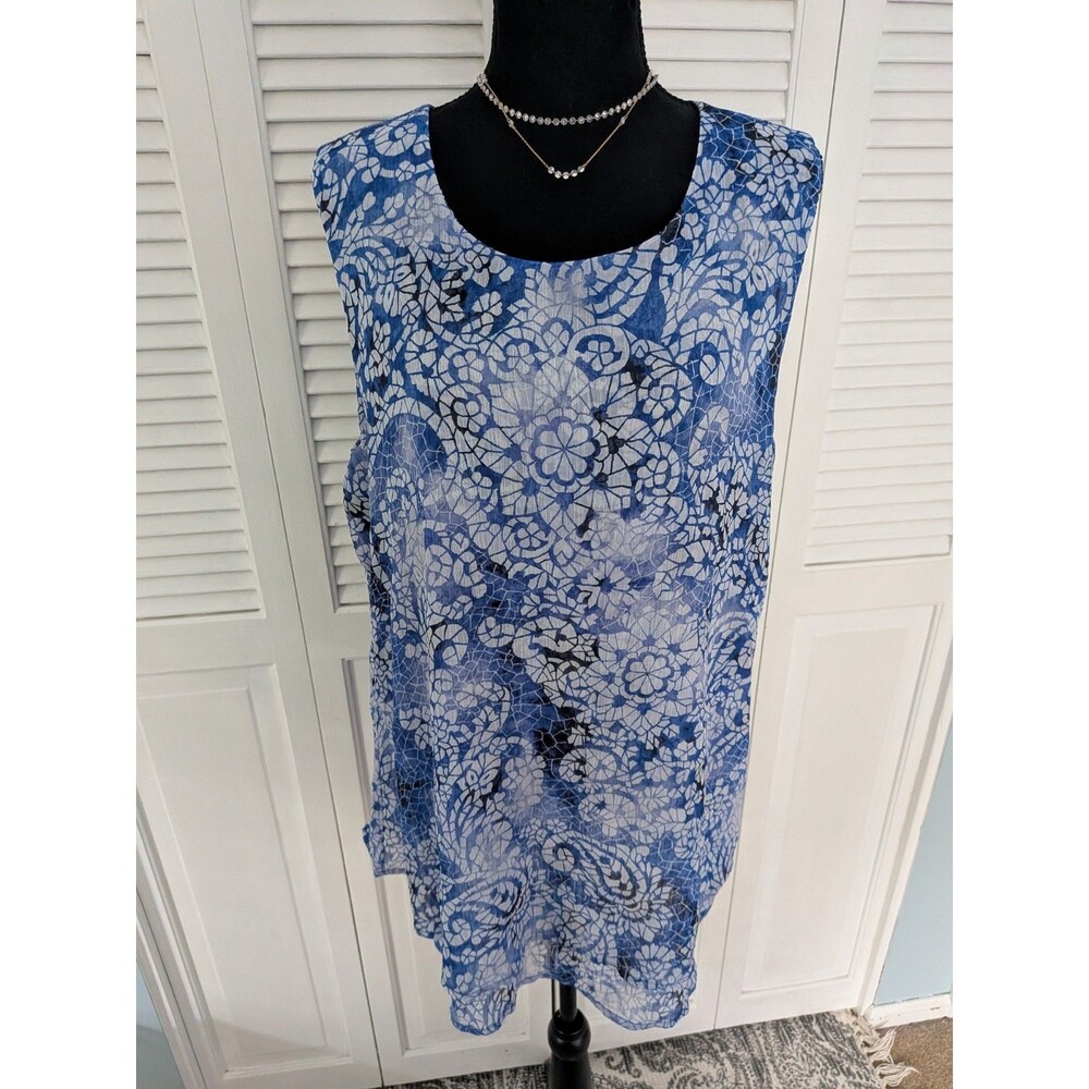 Fever Blouse Women 2X Blue Paisley Mosaic Chiffon Top Sleeveless Casual Coastal